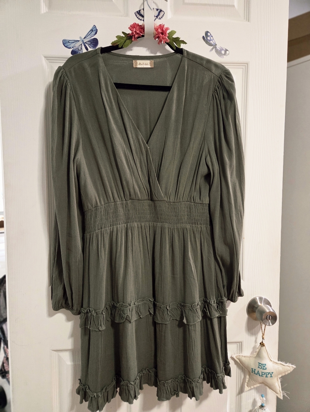 Altar'd State Olive Green Long-Sleeve Tiered V-Neck Dress